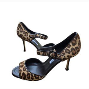 Manolo Blahnik Ponyhair Animal Print T-Strap Open Toe Heels